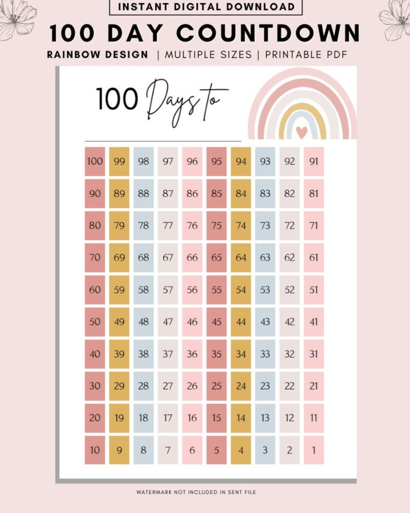 100 Day Countdown Printable Rainbow Design Calendar PDF Etsy