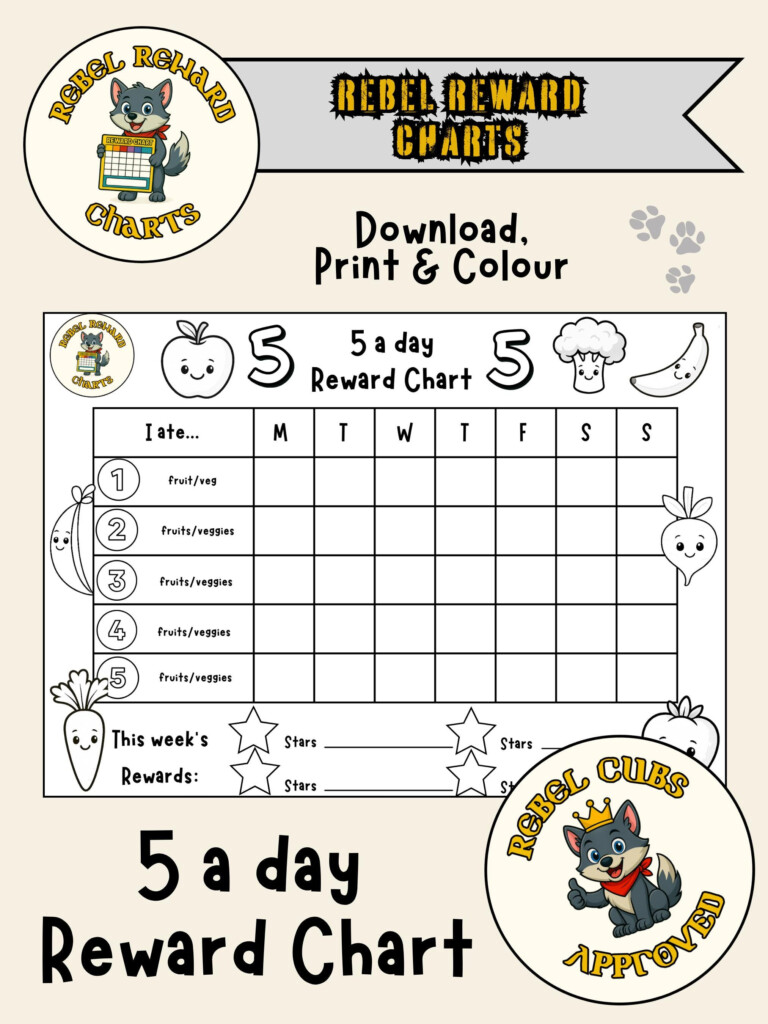 5 A Day Reward Chart Colour Your Own Printable For Kids Fruit Veg Tracker Rebel Cubs Approved A4 Download Etsy