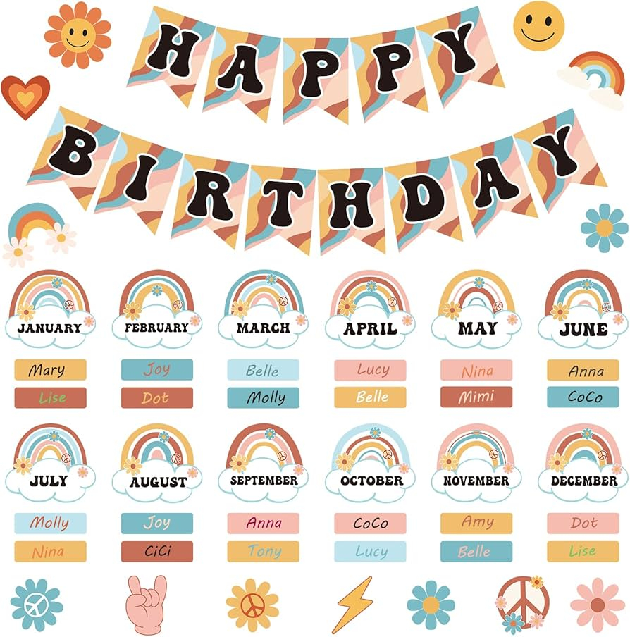 Amazon YIDAKO 85Pcs Retro Classroom Happy Birthday Buletin Boards Set Groovy Rainbow Theme Chart Calendar Posters With Glue Point For Kindergarten Prechool Wall Decorations Office Products