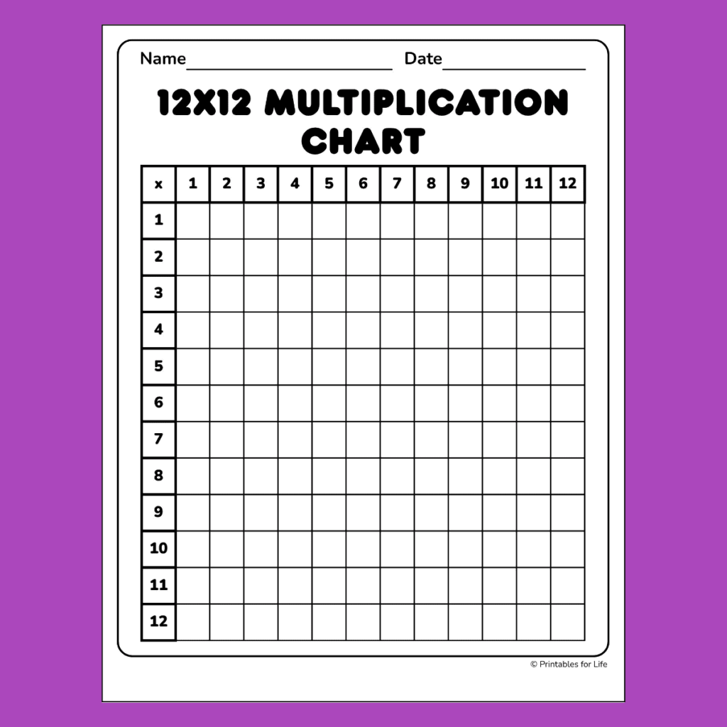 Blank Multiplication Chart 12x12 PDF Printable