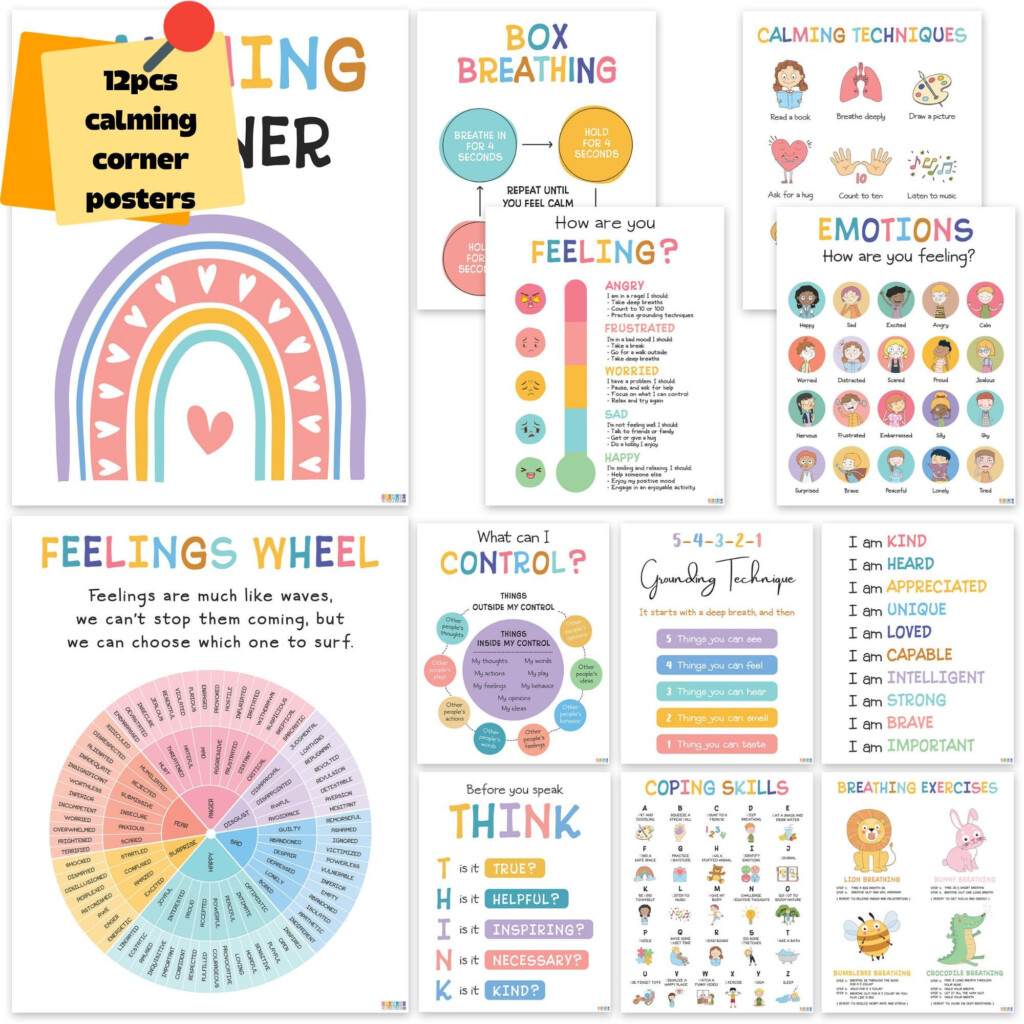 Calm Down Choices Free Printable 6 Calming Corner Classroom Posters Feelings Wheel Chart Emotions Poster For
