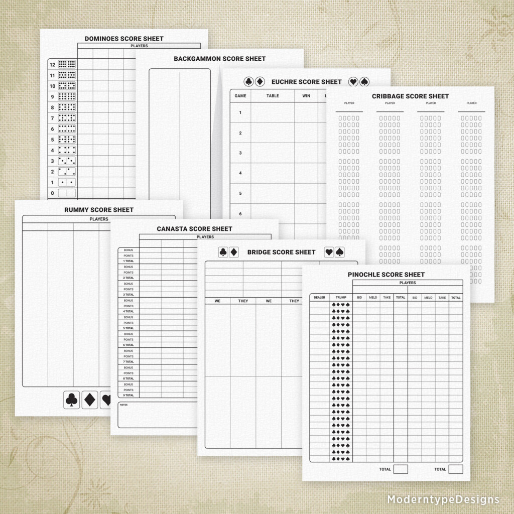 Card Game Scoring Sheets Printable Digital Download Pinochle Euchre Dominoes Cribbage Canasta Rummy Bridge Backgammon Score Gam011 Etsy