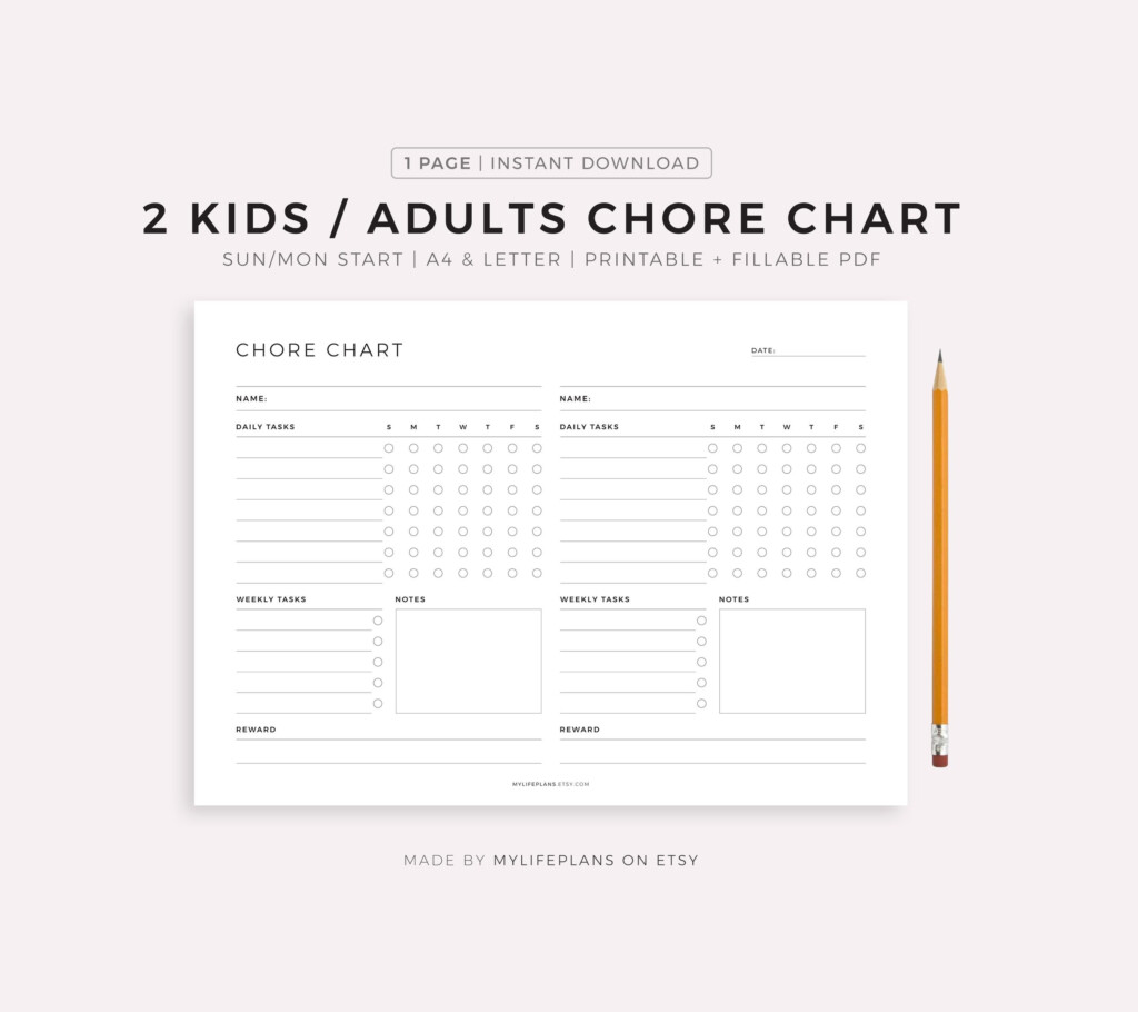 Chore Chart For 2 Kids Adults Printable Template Weekly Household Chores House Responsibilities A4 letter Instant Download Etsy