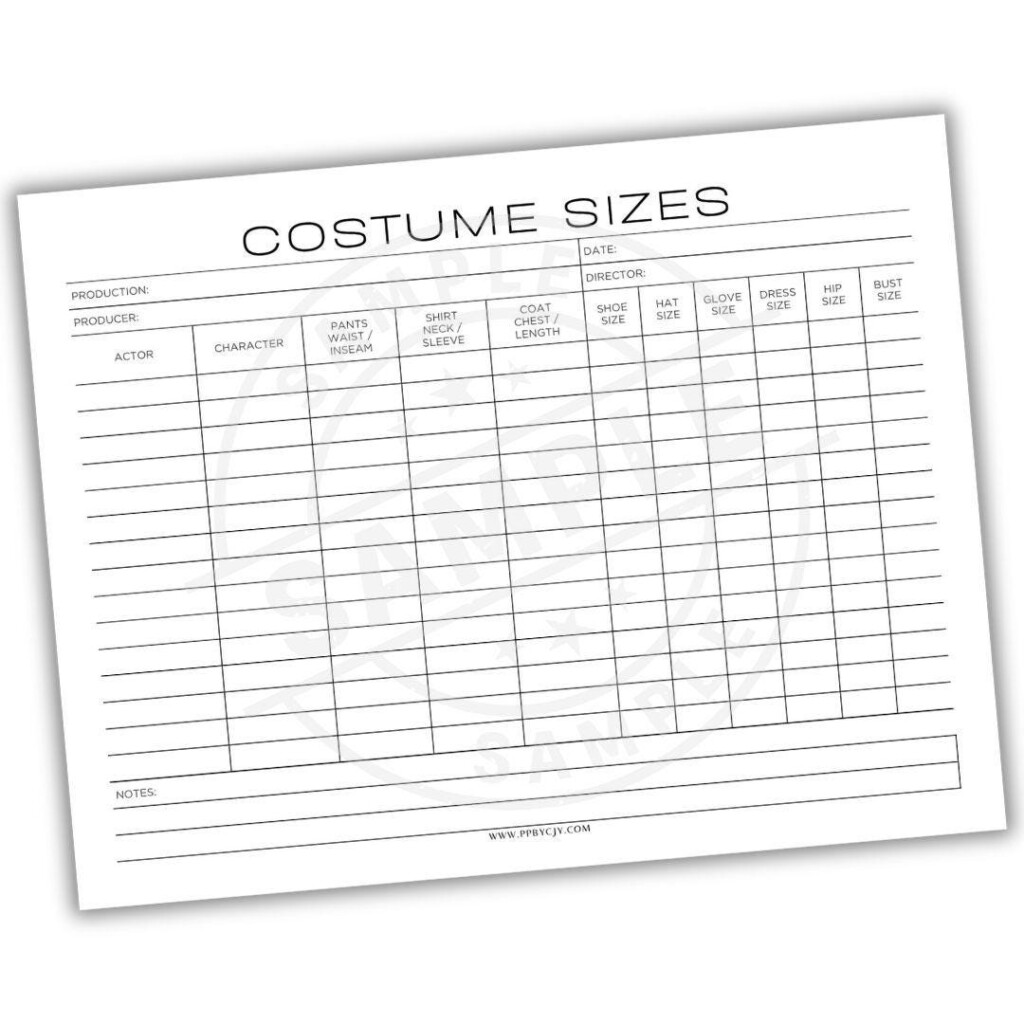 Costume Sizes List Printable PDF Track Measurements And Fittings Cosplay Theater And Event Costume Organizer Design Template Etsy