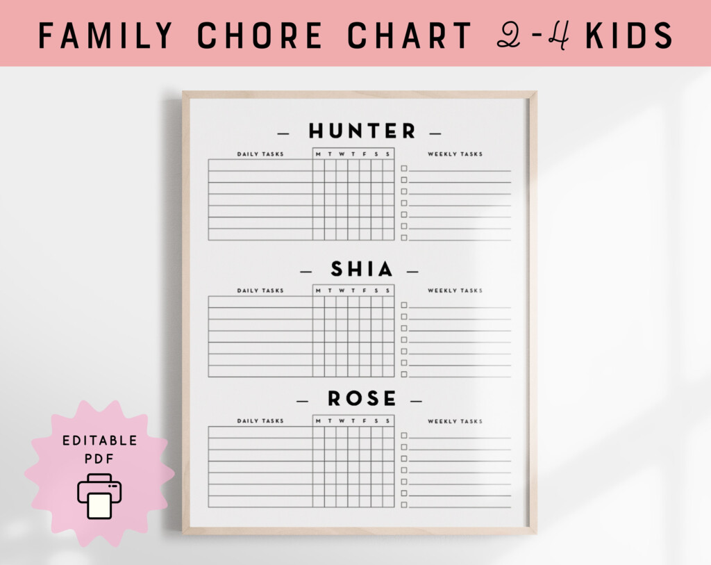 Editable Family Chore Chart 2 4 Kids Weekly To do digital Download Etsy