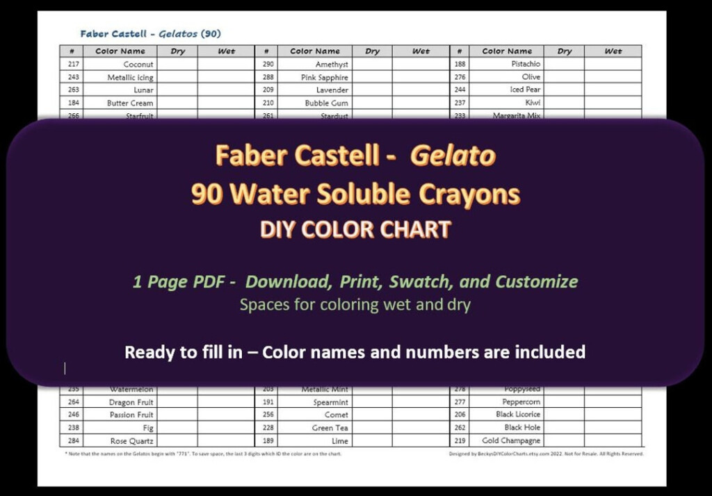 Faber Castell Gelato 90 Water Soluble Crayon Set DIY Color Chart Swatch Sheet Digital Download Etsy Israel