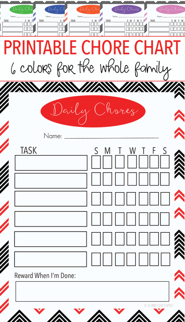 Free Printable Family Chore Chart Set With 6 Colors Sunny Day Family