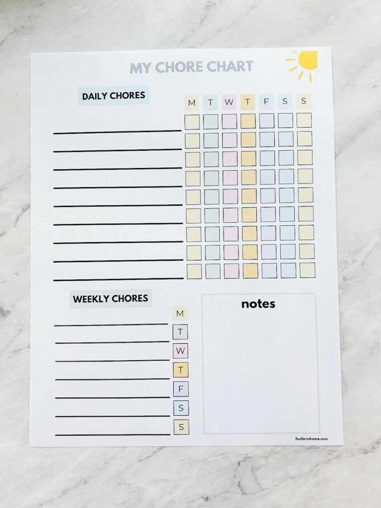 Free Printable Weekly Chore Chart For Kids Fox Farm Home