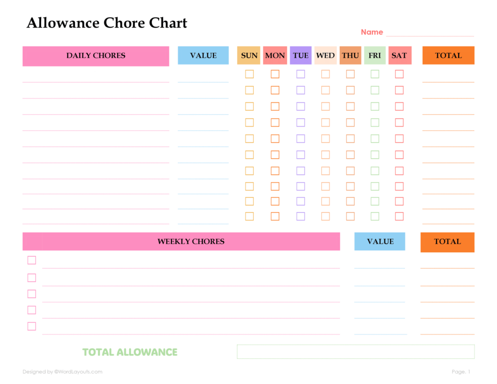 Printable Allowance Chore Chart Template WordLayouts