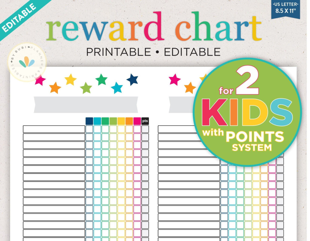 Reward Chart For 2 Kids Kids Chore Chart Chore Chart With Points Printable Chore Chart For Kids Chores Responsibility Chart Editable Etsy