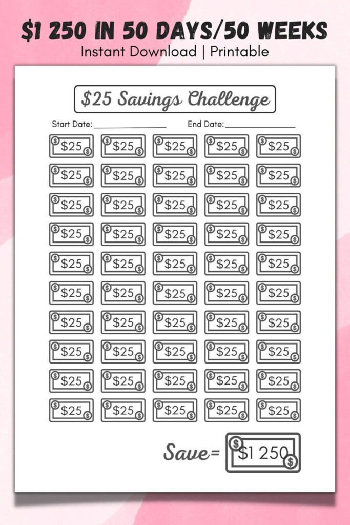 Savings Challenge Printable 25 Dollars Mini Savings Tracker 50 Day Money Challenge Savings Goal 1250 Dollars Monthly Budget Planner Log Etsy