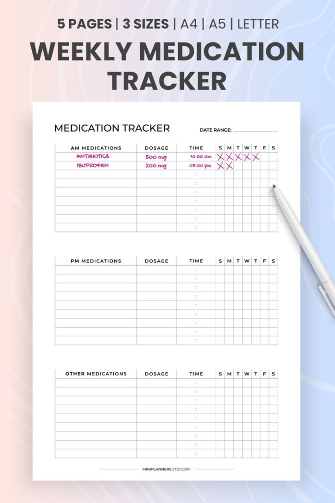  Weekly Medication Log Printable AM PM Daily Medication Schedule Pill Reminder Vitamin Tracker